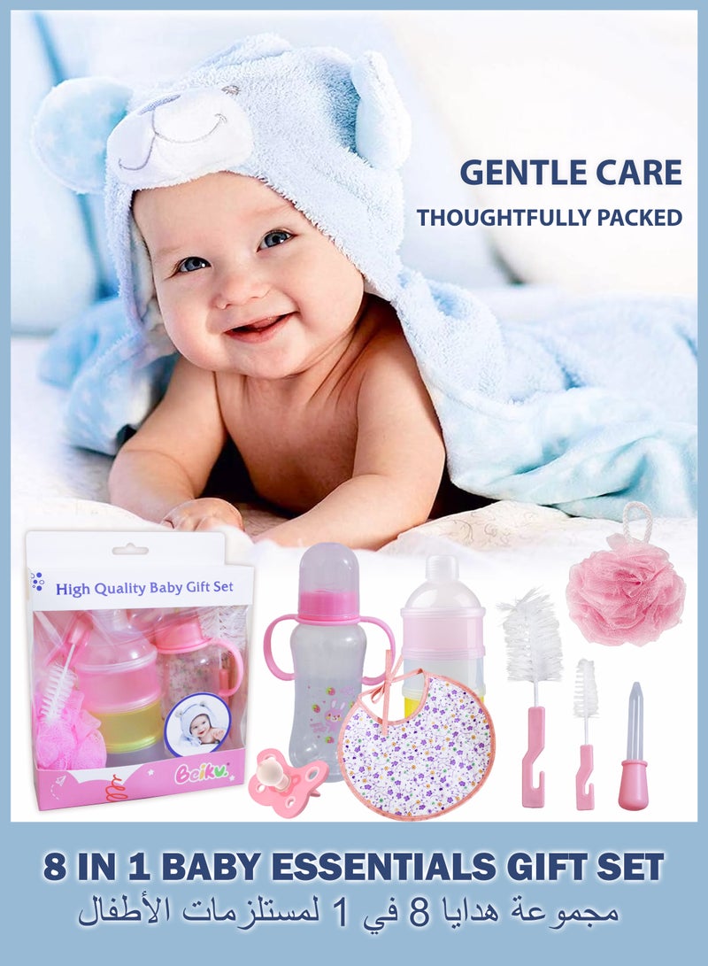 Premium 8 Piece Baby Feeding Gift Set Newborn Essentials with 250ml Feeding Bottle Silicone Nipple Pacifier Bottle Brushes Bib Liquid Dropper Soft Loofah and 3-Layer Milk Powder Dispenser Perfect Baby Shower Gift Christening for Boys and Girls - Image 1
