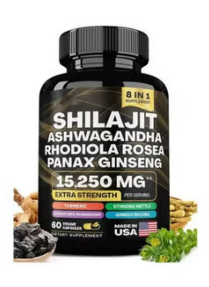 Shilajit RX 9000MG Pure Himalayan Shilajit, 2000MG Ashwagandha Energy Booster, 1000MG Rhodiola Rosea, 1500MG Panax Ginseng, 500MG Turmeric, 500MG Ginkgo, 250MG Stinging Nettle  - Image 1