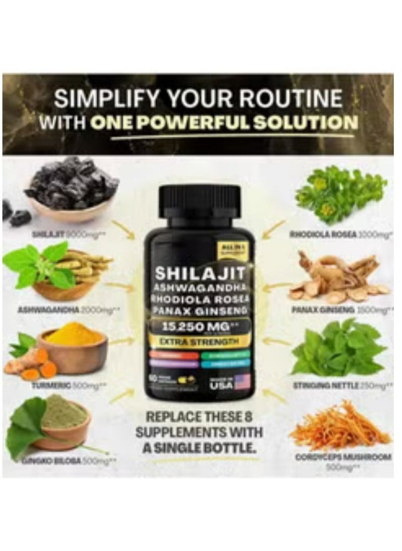 Shilajit RX 9000MG Pure Himalayan Shilajit, 2000MG Ashwagandha Energy Booster, 1000MG Rhodiola Rosea, 1500MG Panax Ginseng, 500MG Turmeric, 500MG Ginkgo, 250MG Stinging Nettle  - Image 2