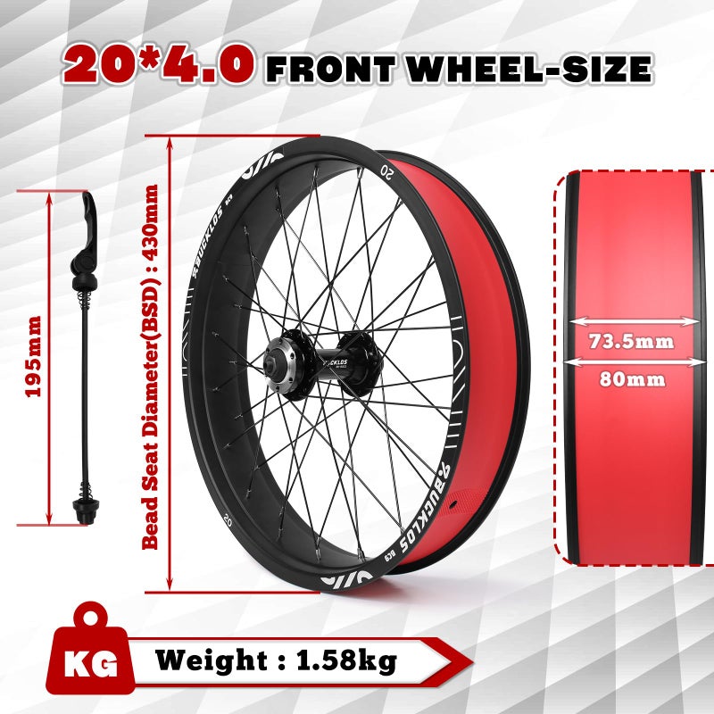 BUCKLOS 20 x 4.0 Inch Fat Tire Bike Wheel Front Mountain Bicycle Rim 135mm Hub 9mm Quick Release Wheelset Aluminum Alloy Disc Brake 36 14G Spoke for MTB Ebike Beach Snow Cruiser - Image 4