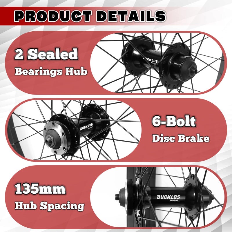 BUCKLOS 20 x 4.0 Inch Fat Tire Bike Wheel Front Mountain Bicycle Rim 135mm Hub 9mm Quick Release Wheelset Aluminum Alloy Disc Brake 36 14G Spoke for MTB Ebike Beach Snow Cruiser - Image 5