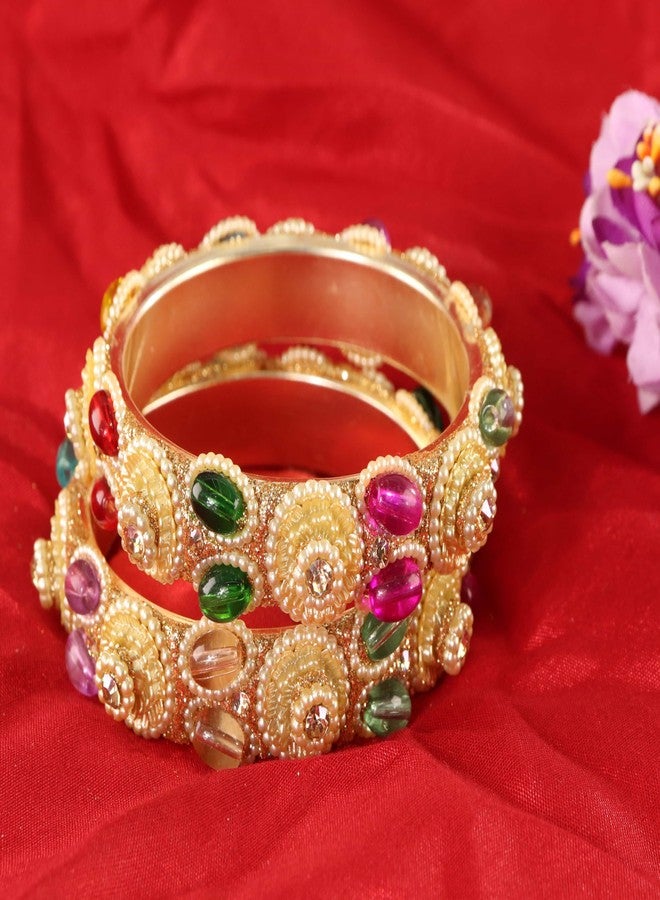 STYOLLO Beautiful Gold Plated Pearl & Multicolor Stone Kada For Women & Girls | Kangan For Bride | Fancy Chudi For Party - Set Of 2 (SYL_RVB10_1788-FloralPearlKada-Multi-2.8) - Image 5