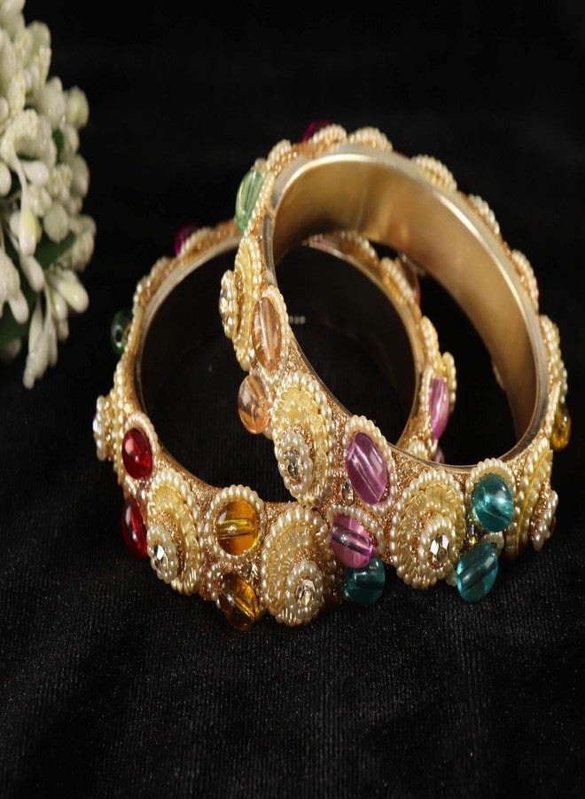 STYOLLO Beautiful Gold Plated Pearl & Multicolor Stone Kada For Women & Girls | Kangan For Bride | Fancy Chudi For Party - Set Of 2 (SYL_RVB10_1788-FloralPearlKada-Multi-2.8) - Image 4