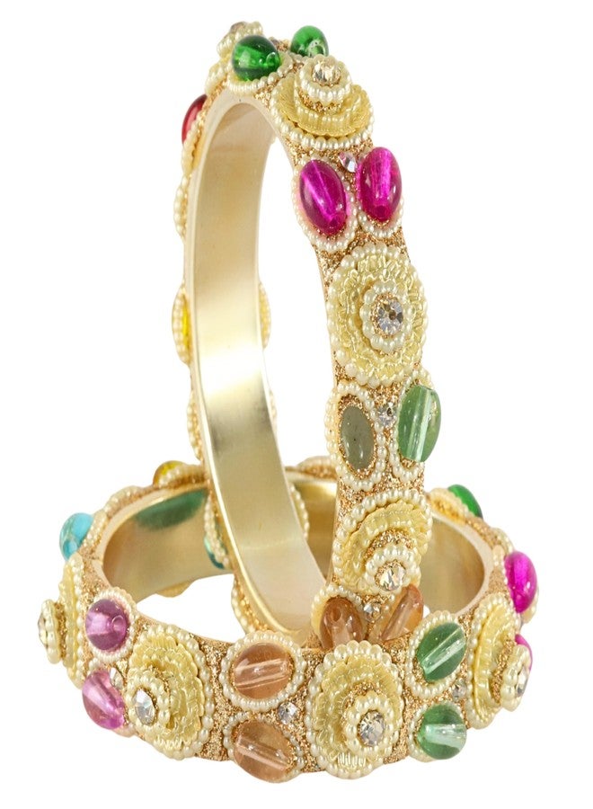 STYOLLO Beautiful Gold Plated Pearl & Multicolor Stone Kada For Women & Girls | Kangan For Bride | Fancy Chudi For Party - Set Of 2 (SYL_RVB10_1788-FloralPearlKada-Multi-2.8) - Image 2