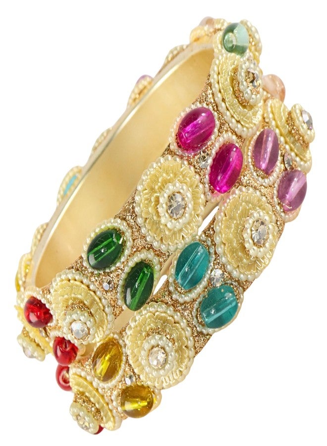 STYOLLO Beautiful Gold Plated Pearl & Multicolor Stone Kada For Women & Girls | Kangan For Bride | Fancy Chudi For Party - Set Of 2 (SYL_RVB10_1788-FloralPearlKada-Multi-2.8) - Image 1