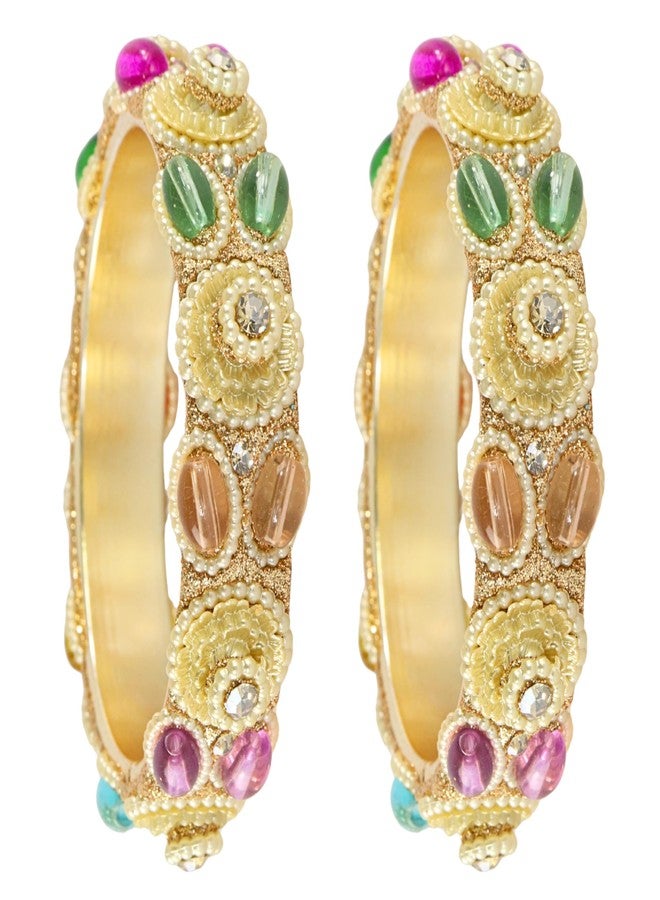 STYOLLO Beautiful Gold Plated Pearl & Multicolor Stone Kada For Women & Girls | Kangan For Bride | Fancy Chudi For Party - Set Of 2 (SYL_RVB10_1788-FloralPearlKada-Multi-2.8) - Image 3