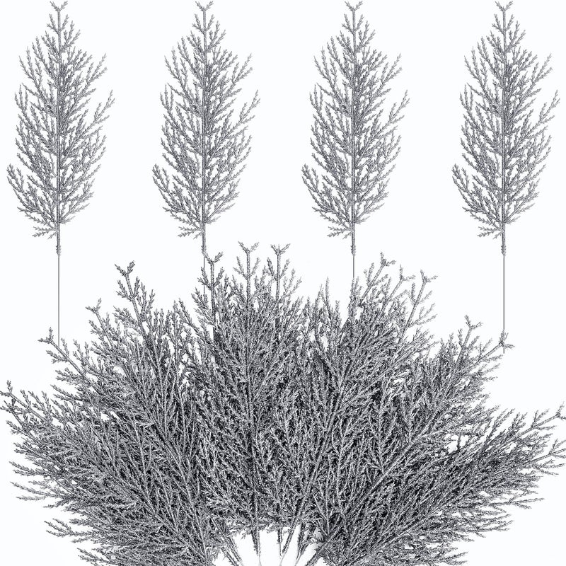 Alpurple 25 Pcs Christmas Silver Artificial Pine Branches- 13.5"" Glitter Fake Foliage Pine Stems Picks- Silver Leaves Artificial Pine Needles for DIY Christmas Wreath Home Decoration