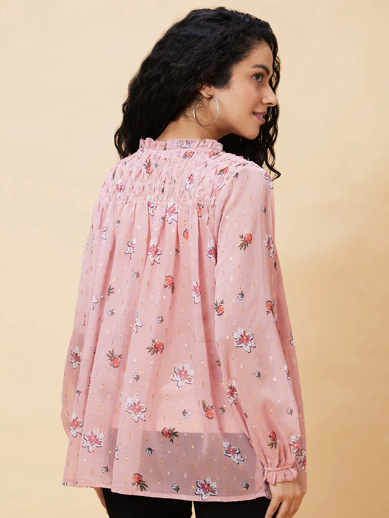 globus Women Pink Floral Printed Tie-Up Neck Top