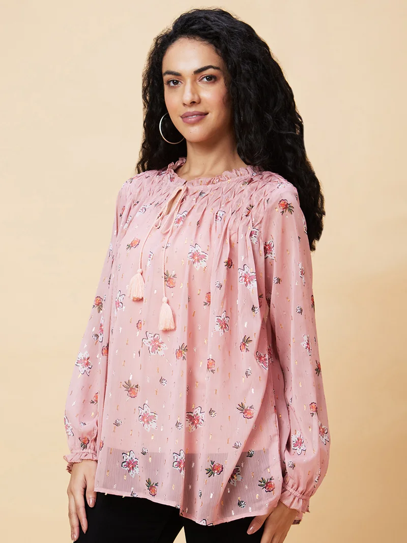 globus Women Pink Floral Printed Tie-Up Neck Top
