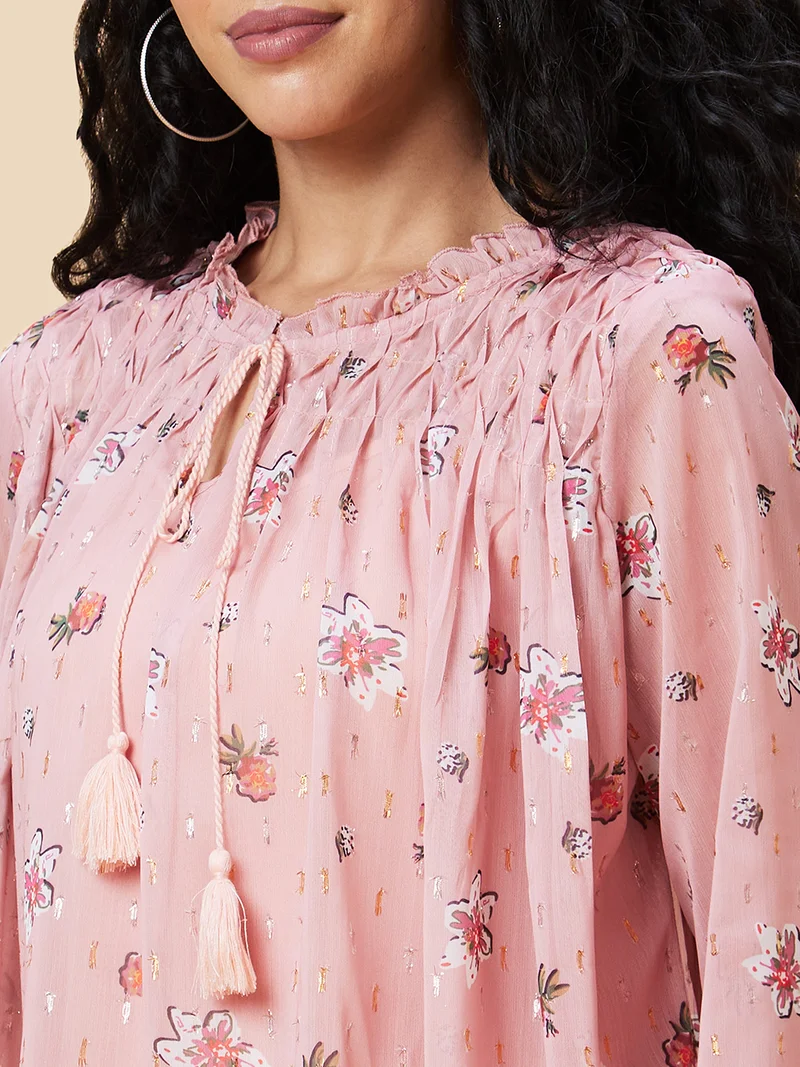globus Women Pink Floral Printed Tie-Up Neck Top
