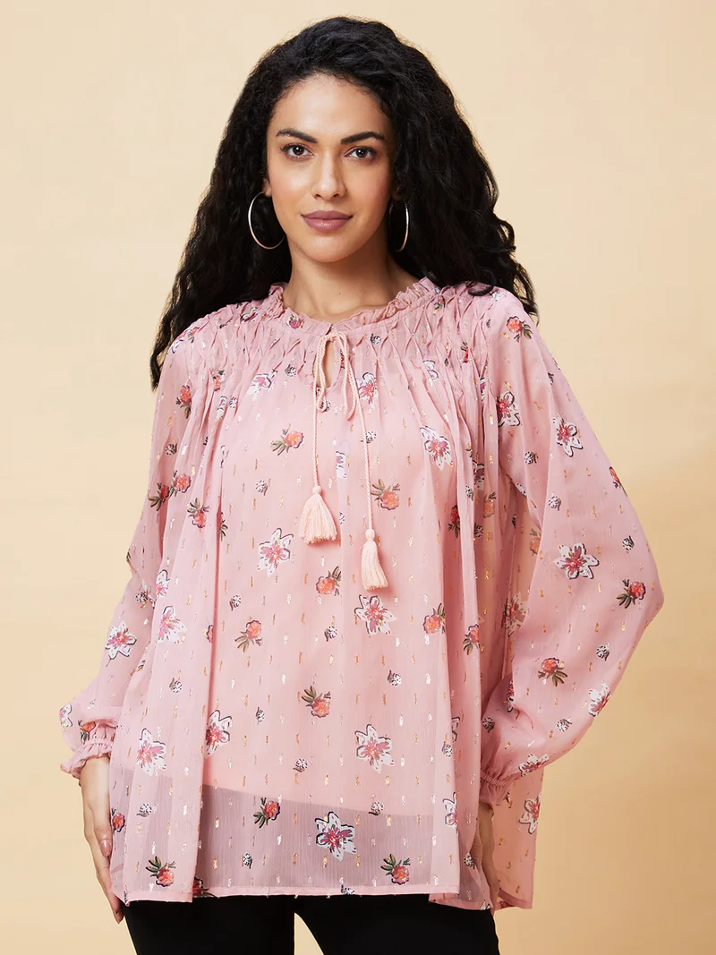 globus Women Pink Floral Printed Tie-Up Neck Top