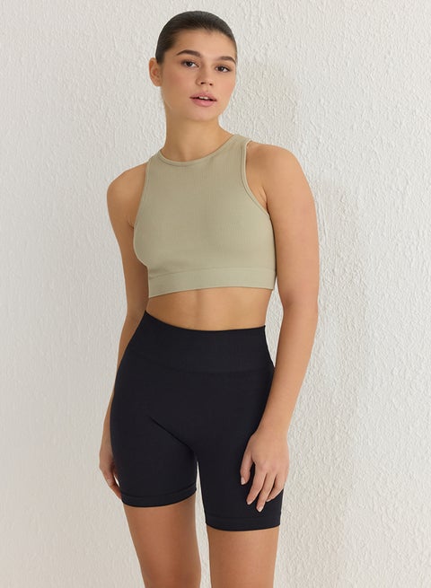 Light Khaki Seamless Ribbed and Lightly Supported/Shaping Knitted Sports Bra TWOSS21SS0024