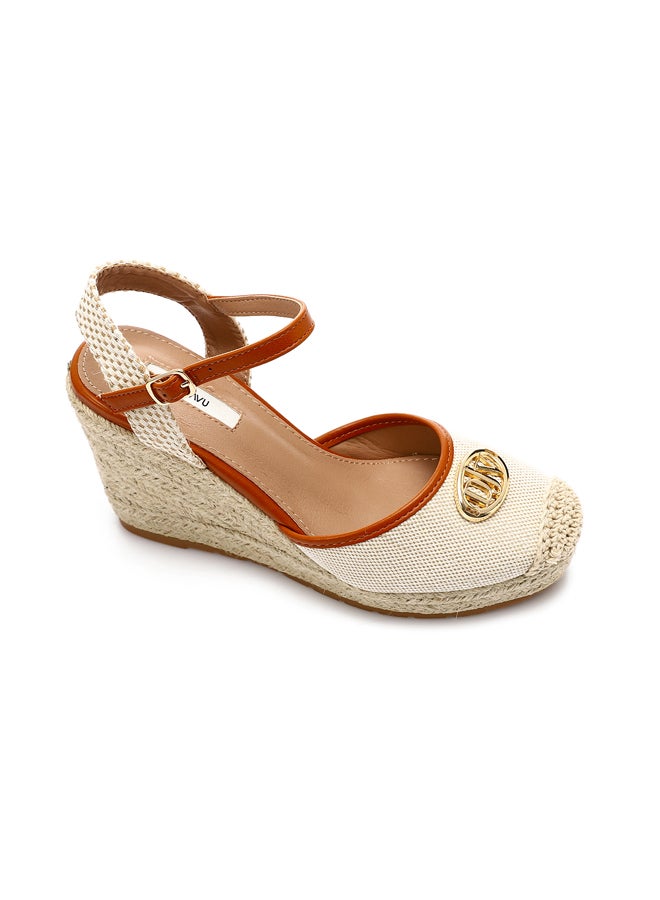 DejaVu Oval Toecap Heeled Wedge Shoes - Light Beige & Camel  - Image 5