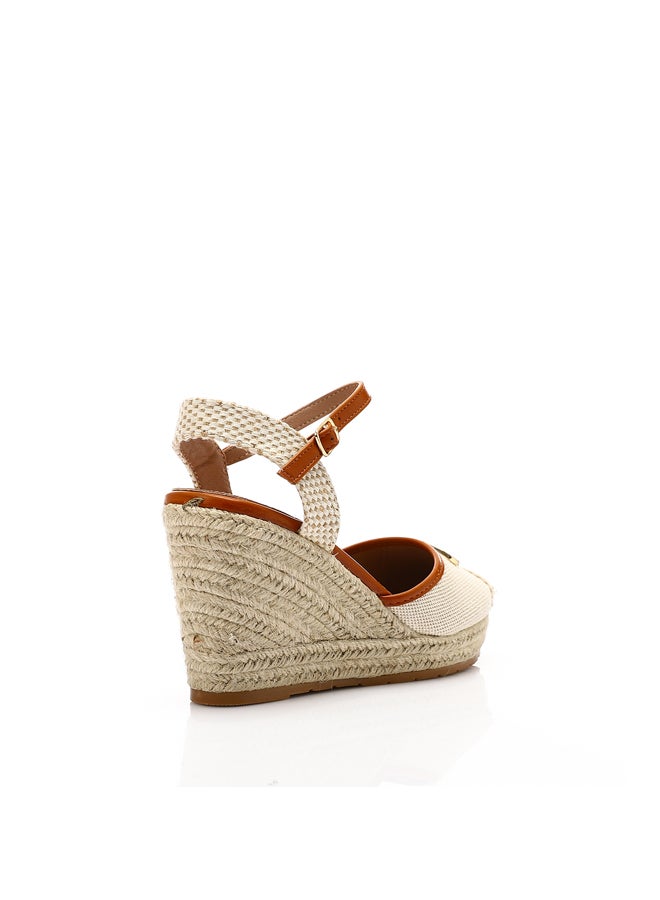 DejaVu Oval Toecap Heeled Wedge Shoes - Light Beige & Camel  - Image 2