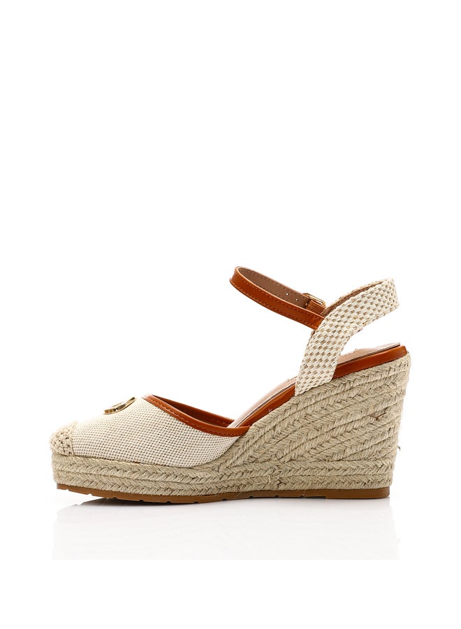 DejaVu Oval Toecap Heeled Wedge Shoes - Light Beige & Camel  - Image 3