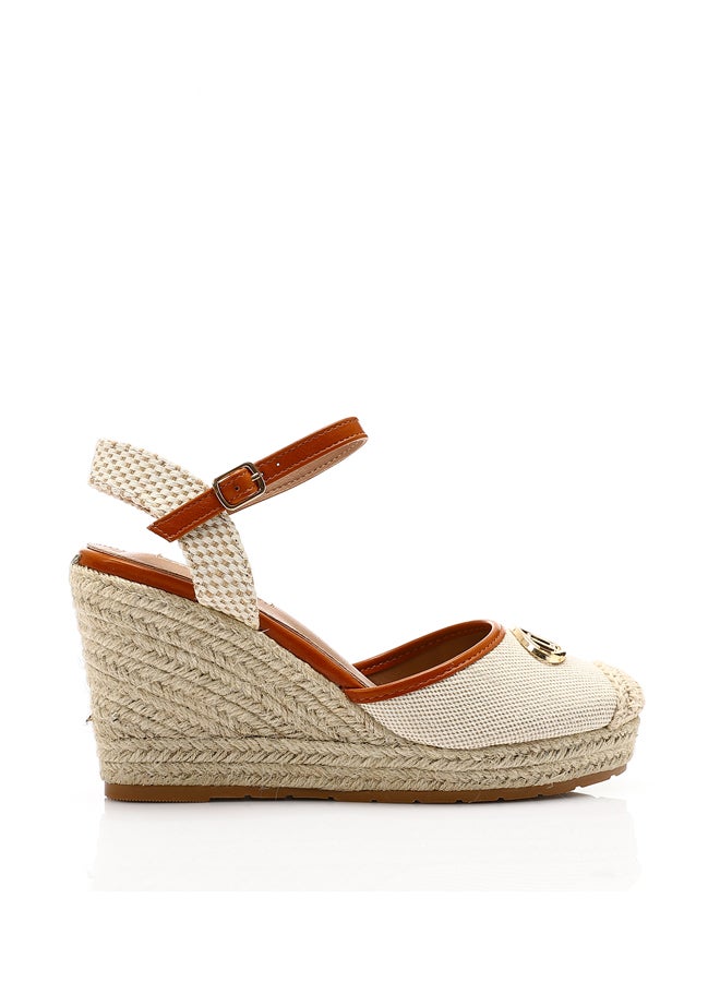 DejaVu Oval Toecap Heeled Wedge Shoes - Light Beige & Camel  - Image 1