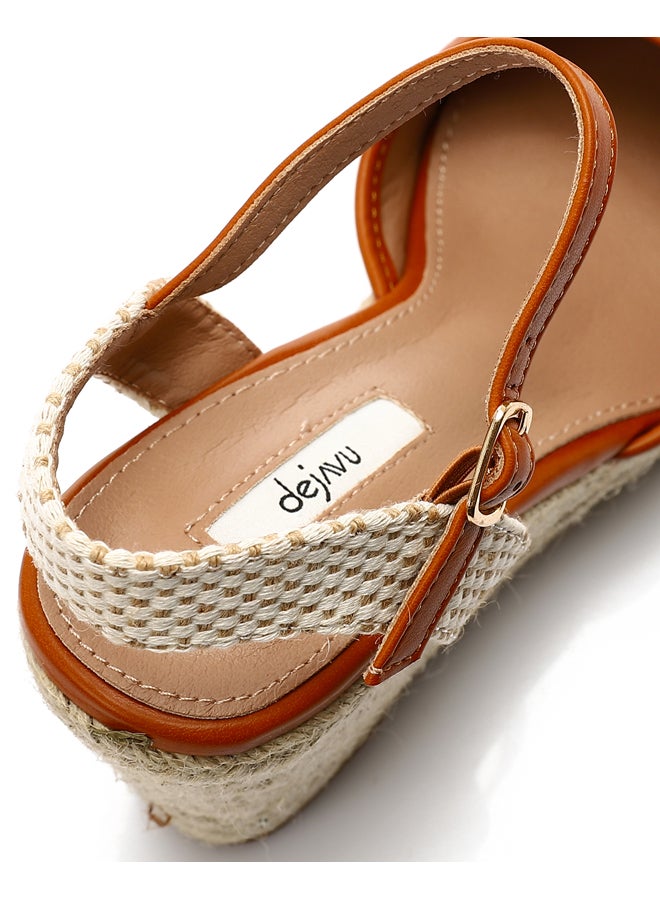 DejaVu Oval Toecap Heeled Wedge Shoes - Light Beige & Camel  - Image 4