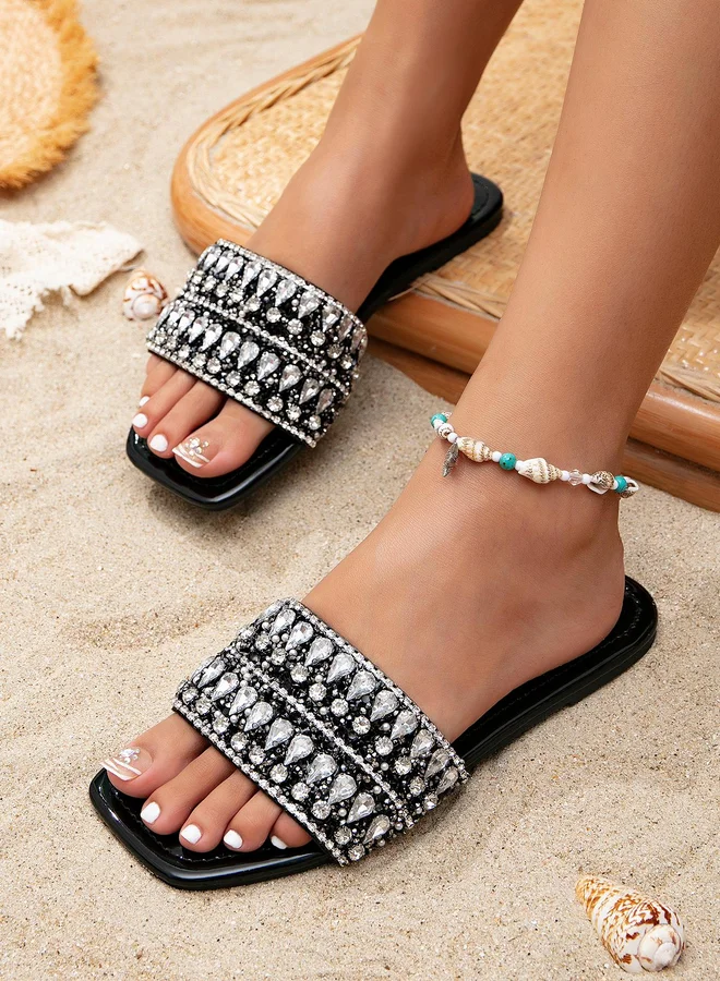 Take Two Black Embellished Flat Sandals