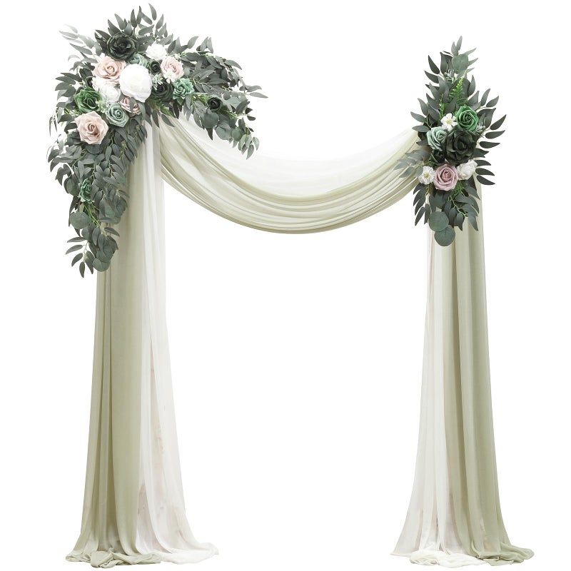 Floroom Arch Flowers with Drapes Kit (Pack of 4) - 2pcs Artificial Emerald & Sage Green Floral Swag Arrangement with 2pcs Draping Fabric for Wedding Ceremony Arbor and Reception Backdrop Decoration - Image 1