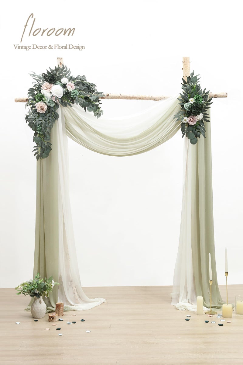 Floroom Arch Flowers with Drapes Kit (Pack of 4) - 2pcs Artificial Emerald & Sage Green Floral Swag Arrangement with 2pcs Draping Fabric for Wedding Ceremony Arbor and Reception Backdrop Decoration - Image 2