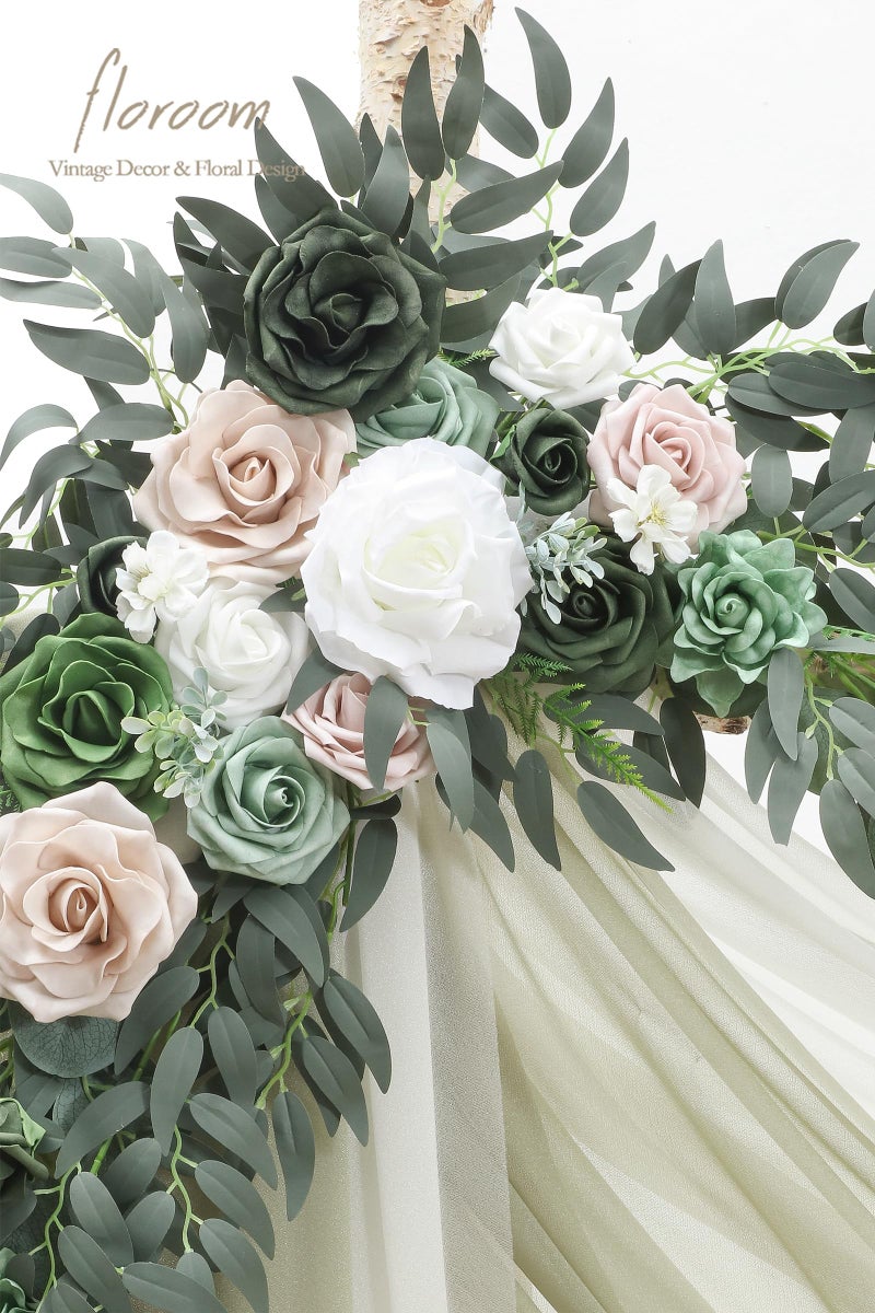 Floroom Arch Flowers with Drapes Kit (Pack of 4) - 2pcs Artificial Emerald & Sage Green Floral Swag Arrangement with 2pcs Draping Fabric for Wedding Ceremony Arbor and Reception Backdrop Decoration - Image 3