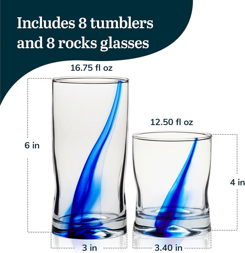 LIBBEY Blue Ribbon 16 Piece Tumbler and Rocks Glass Set, Infused Blue Ribbon Drinkware Glasses Set, Artisan Inspired Four-Dimple Shaped Rock Glasses, Dishwasher Safe Tumbler Glasses Set - Image 3
