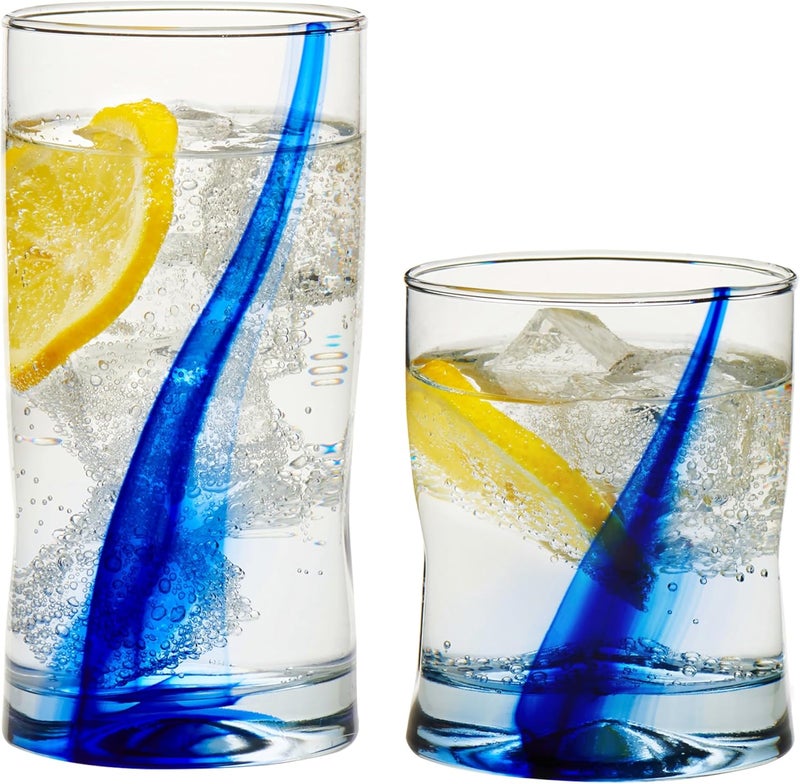 LIBBEY Blue Ribbon 16 Piece Tumbler and Rocks Glass Set, Infused Blue Ribbon Drinkware Glasses Set, Artisan Inspired Four-Dimple Shaped Rock Glasses, Dishwasher Safe Tumbler Glasses Set - Image 1