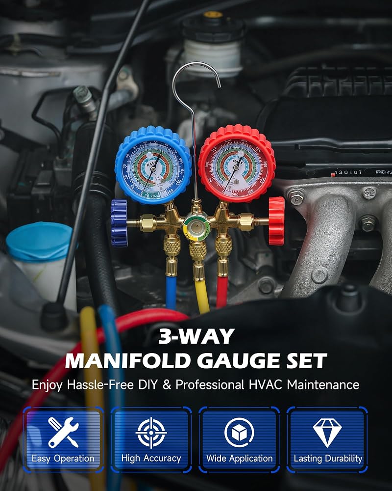 Orion Motor Tech أجهزة قياس تكييف من Orion Motor Tech، مجموعة أجهزة قياس تكييف للسيارات تعمل مع مواد التبريد R134a، R12، R22، R502، أجهزة قياس مضادة للصدمات، أنابيب ملونة، مجموعة لإعادة شحن الغاز. - Image 2