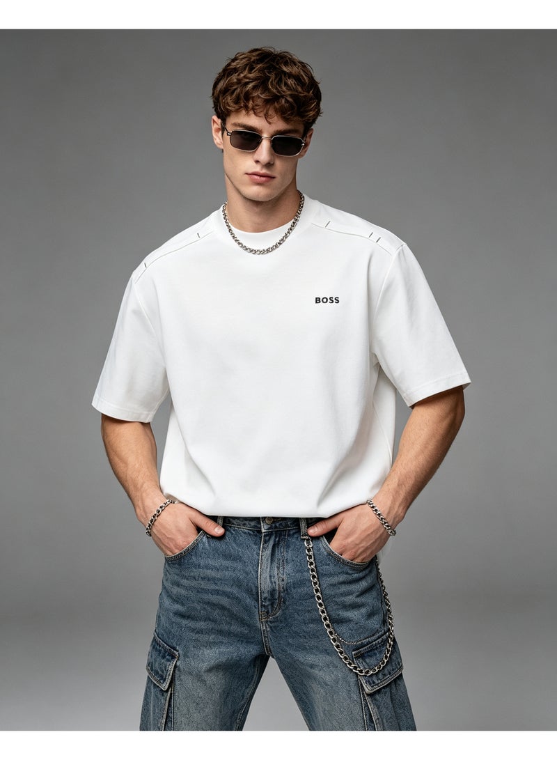 BOSS Unisex Casual Short Sleeve Crew Neck Loose Fit Everyday Wear Streetwear T‑Shirt White - Image 1