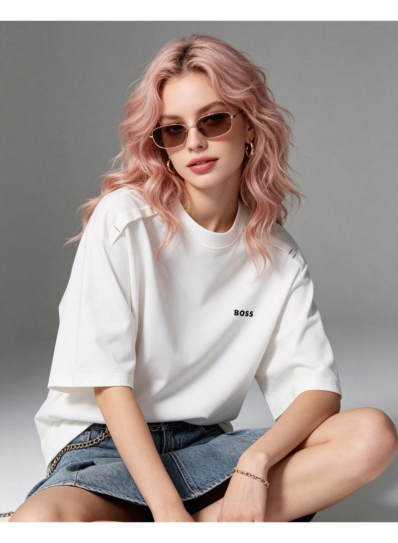 BOSS Unisex Casual Short Sleeve Crew Neck Loose Fit Everyday Wear Streetwear T‑Shirt White - Image 5