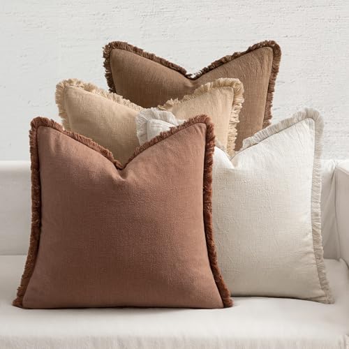 MIULEE Decorative Couch Pillow Covers Neutral Linen Fringe Throw Pillows Set of 4 Accent Rustic Cushions Boho Farmhouse Pillowcases for Bed Sofa Living Room Spring Home Decor 18x18 Inch BeigeBrown - Image 1