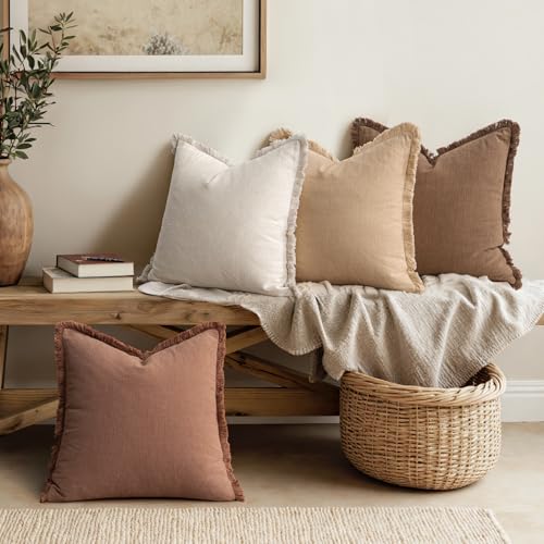 MIULEE Decorative Couch Pillow Covers Neutral Linen Fringe Throw Pillows Set of 4 Accent Rustic Cushions Boho Farmhouse Pillowcases for Bed Sofa Living Room Spring Home Decor 18x18 Inch BeigeBrown - Image 3