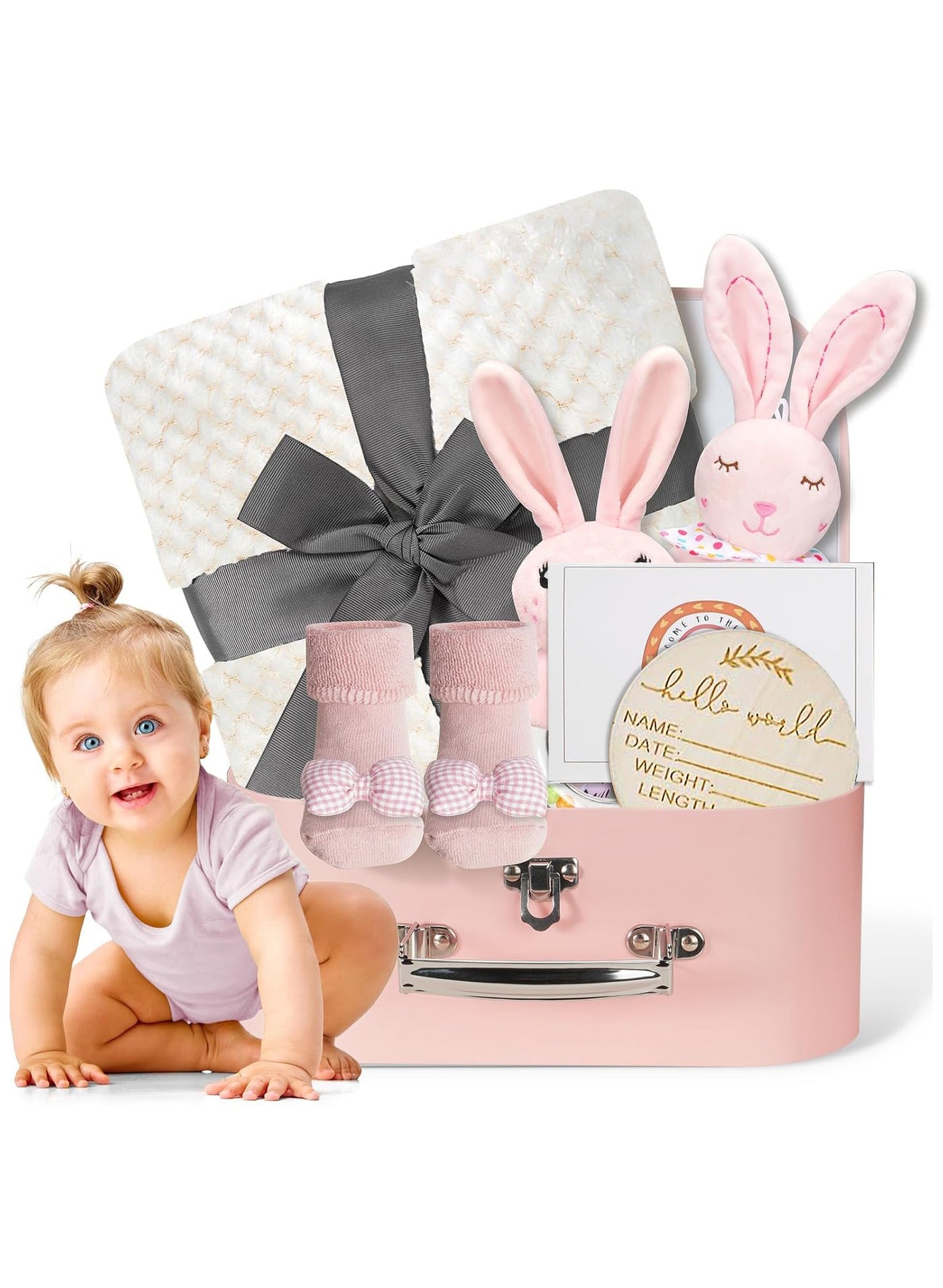 Baby Girl Gift Set, Premium Welcome Baby Gifts Set for Newborn Baby Girls, Multiple Cute Baby Girls Gift Basket Set with Baby Bunny Handbell, Baby Blanket, Bunny Toy, Baby Socks, Keepsake Milestone