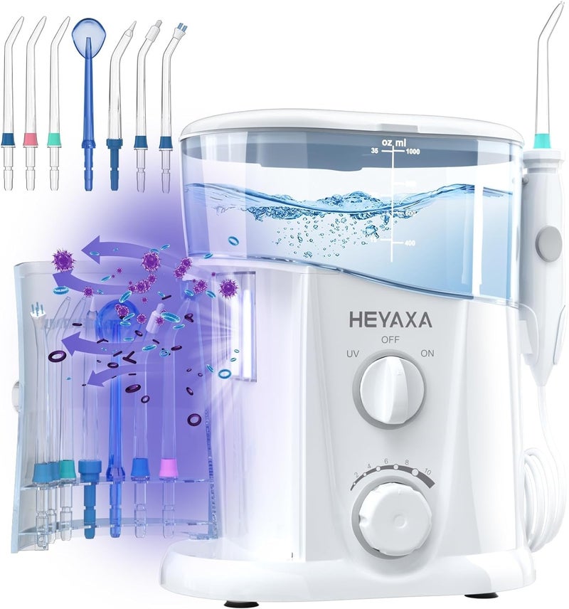 HEYAXA Water Dental Flosser for Teeth Cleaning with 1000ML Large Capacity and UV Storage 10 Adjustable Pressure Electric Oral Irrigator with 7 Jet Tips for Home Use Gums Braces White - Image 3