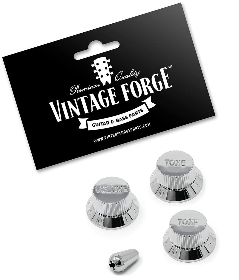 Vintage Forge Chrome Guitar Control Knobs (1 Volume, 2 Tone, 1 Switch Tip) for Fender Strat Style Electric Guitars Fits USA (Imperial) Split Shaft Pots STKUS-CHR - Image 2