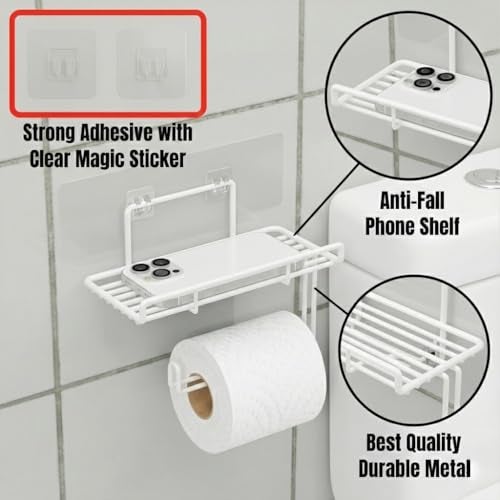 Stickzy Adhesive Toilet Paper Holder with Shelf - No-Drill Wall Mount Tissue Dispenser & Mobile Phone Stand, Rustproof Bathroom Organizer & Kitchen Towel Bar, Sleek White (Pack of 1) - Image 5