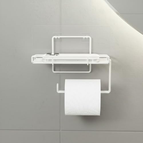 Stickzy Adhesive Toilet Paper Holder with Shelf - No-Drill Wall Mount Tissue Dispenser & Mobile Phone Stand, Rustproof Bathroom Organizer & Kitchen Towel Bar, Sleek White (Pack of 1) - Image 1