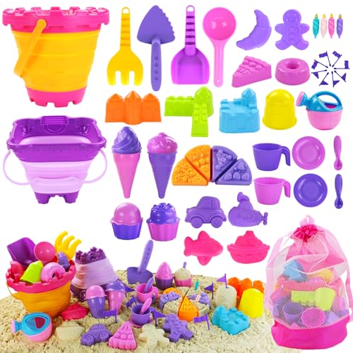Elovien Beach Sand Toys 50Pcs Sandbox Toys with 2 Collapsible Buckets Mesh Backpack Bag Shovels Ice Cream Cake Castle Sand Molds Summer Outdoor Travel Toys for Kids Toddlers Girls - Image 1