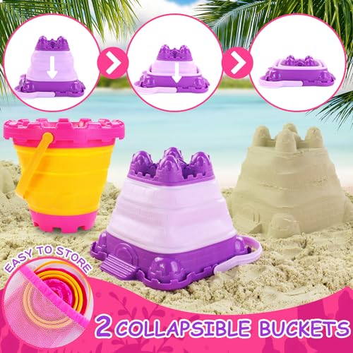 Elovien Beach Sand Toys 50Pcs Sandbox Toys with 2 Collapsible Buckets Mesh Backpack Bag Shovels Ice Cream Cake Castle Sand Molds Summer Outdoor Travel Toys for Kids Toddlers Girls - Image 5