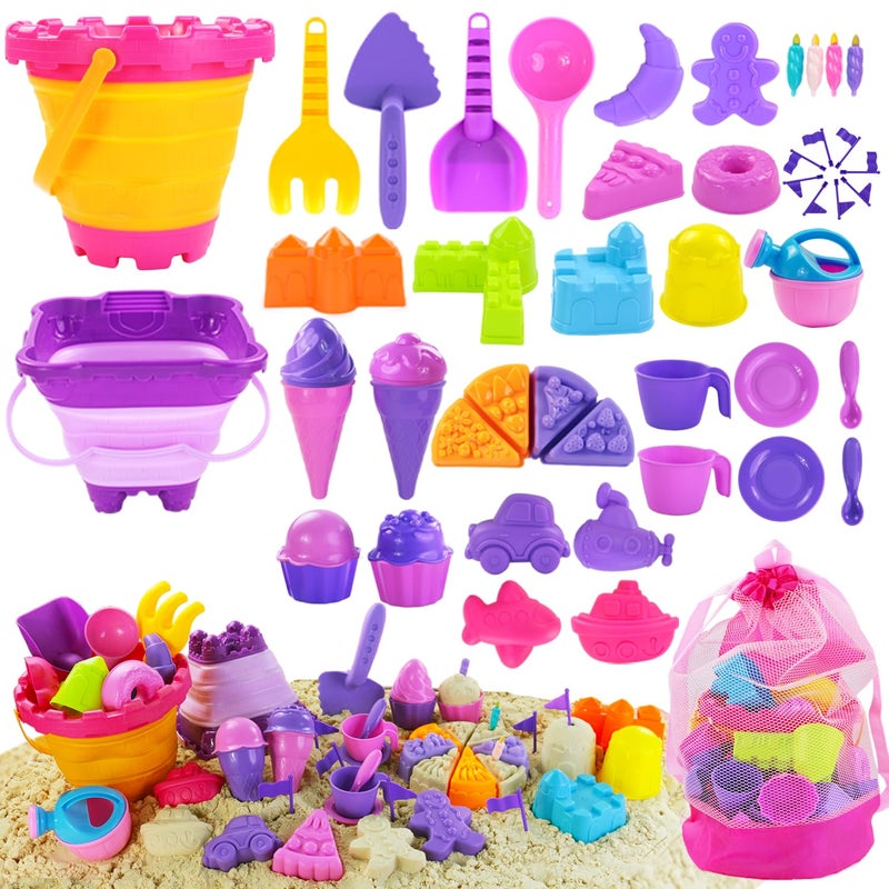 Elovien Beach Sand Toys 50Pcs Sandbox Toys with 2 Collapsible Buckets Mesh Backpack Bag Shovels Ice Cream Cake Castle Sand Molds Summer Outdoor Travel Toys for Kids Toddlers Girls - Image 3