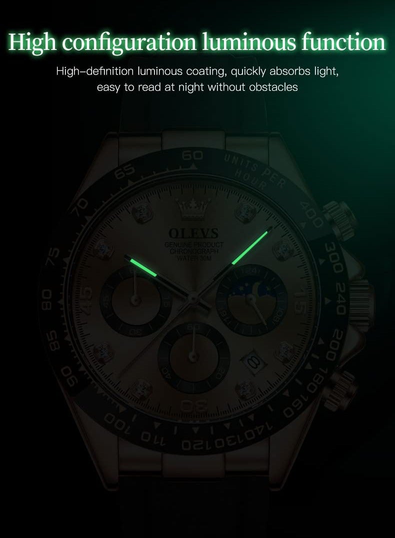 OLEVS Men's Chronograph Quartz Watches, Leather Strap Gold Case with Day Date, Waterproof Stainless Steel Wrist Watch, Luminous Watches for Men, Fashion, Leisure - Image 5