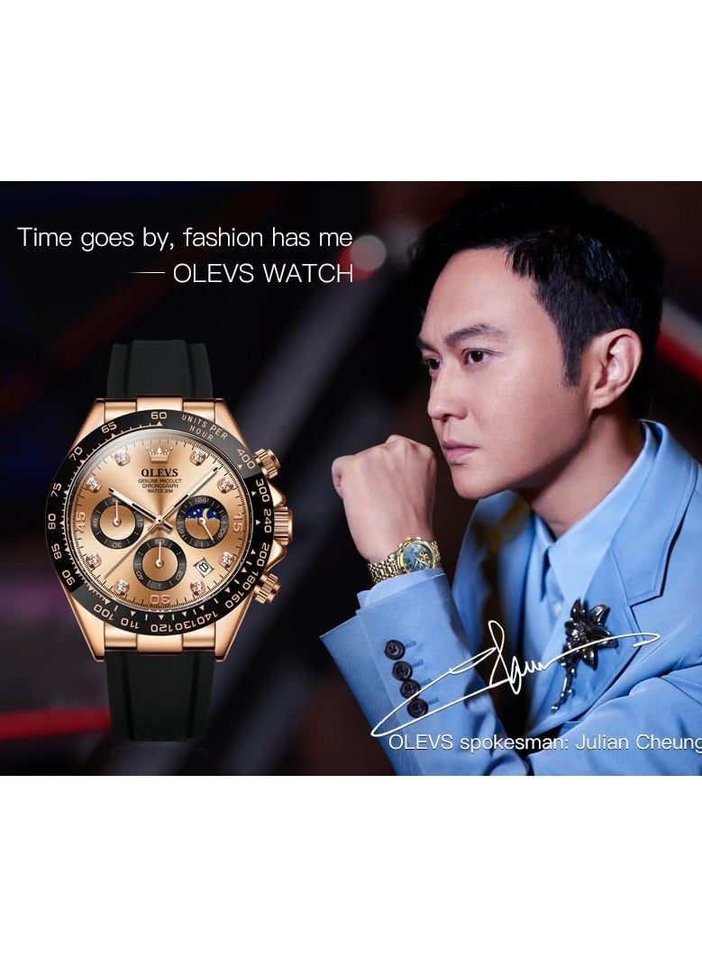 OLEVS Men's Chronograph Quartz Watches, Leather Strap Gold Case with Day Date, Waterproof Stainless Steel Wrist Watch, Luminous Watches for Men, Fashion, Leisure - Image 2