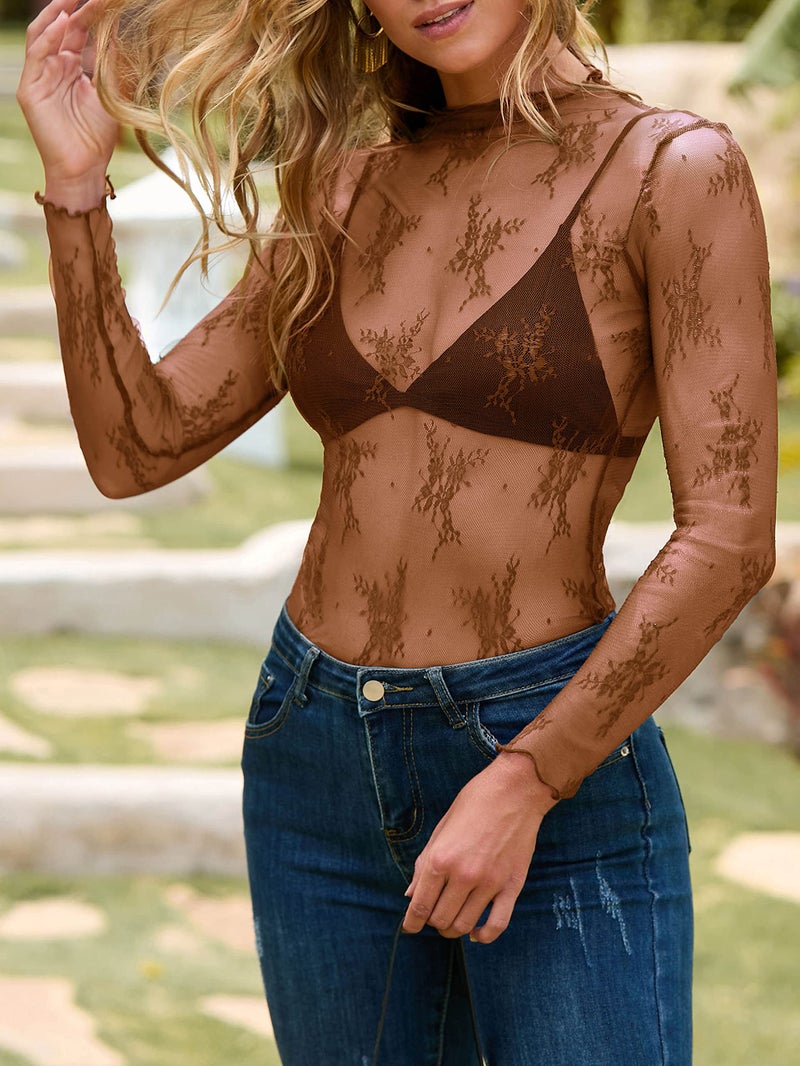 MEROKEETY Womens 2025 Lace Mesh Sheer Long Sleeve Top Sexy Y2k Mock Neck See Through Shirt Blouses, Brown, Large - Image 4