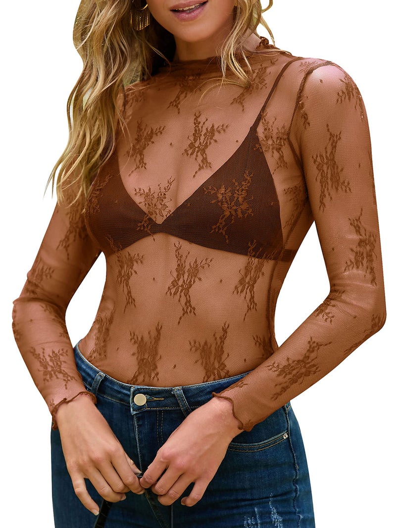 MEROKEETY Womens 2025 Lace Mesh Sheer Long Sleeve Top Sexy Y2k Mock Neck See Through Shirt Blouses, Brown, Large - Image 1