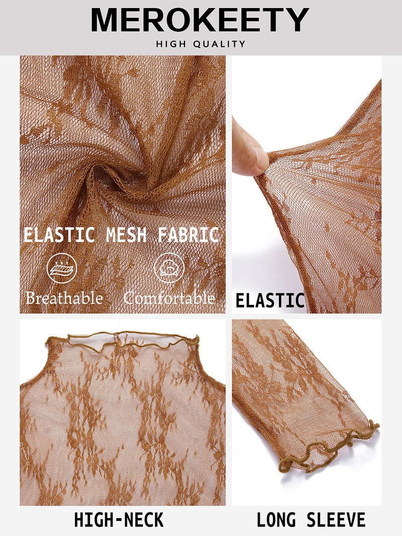 MEROKEETY Womens 2025 Lace Mesh Sheer Long Sleeve Top Sexy Y2k Mock Neck See Through Shirt Blouses, Brown, Large - Image 5