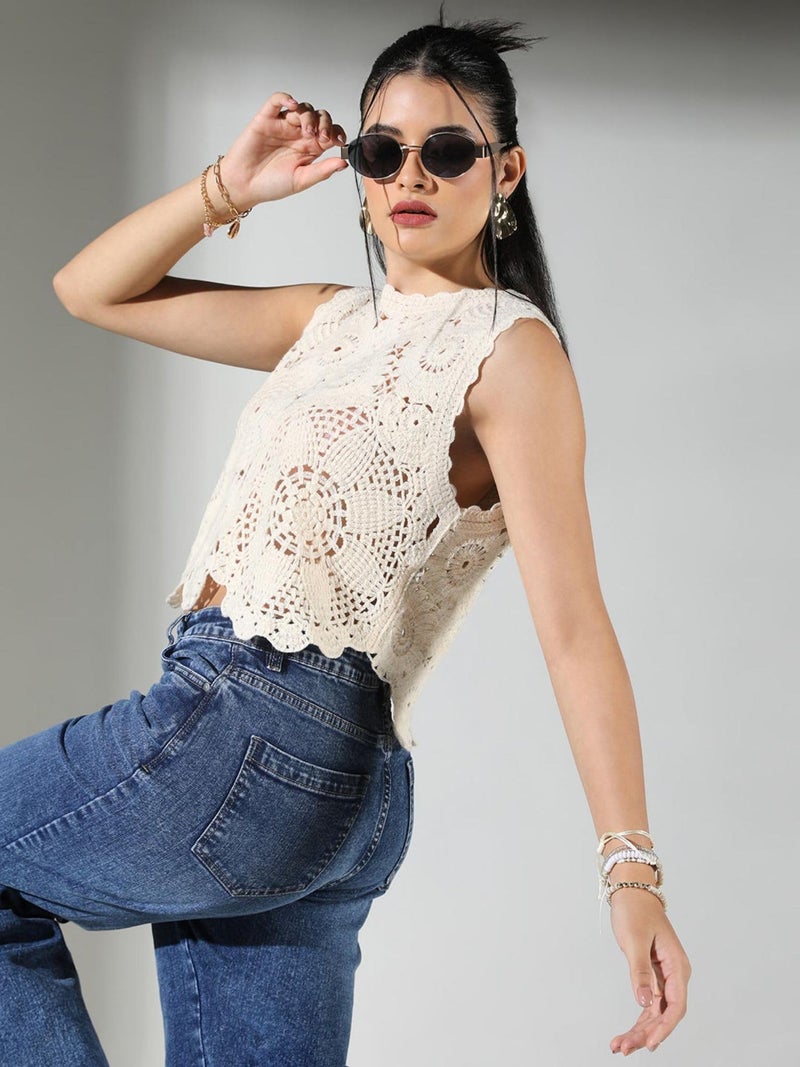 ICW Women Cotton Embroidery Sleeveless Knit Boho Crochet Vest Crop Cami Tank Top 157 (in, Alpha, S, Regular, Apricot) - Image 4