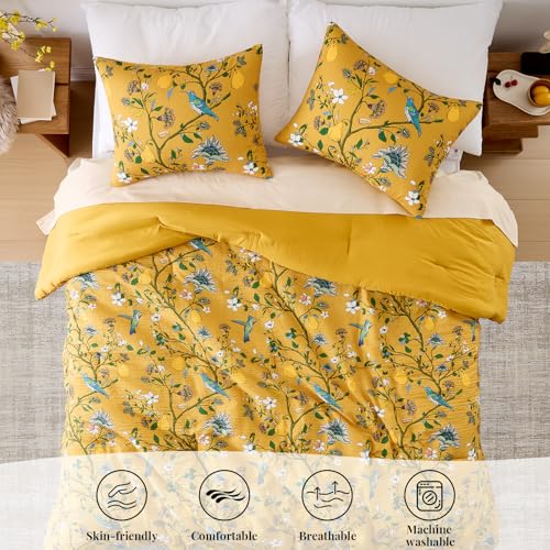 MUSSEL Bedding King Size Comforter Set 3 Pieces,Yellow Vintage Botanical Floral Pattern Bed Comforter Sets,Boho Whimsical Modern Printed Design Cute Seersucker Bedroom Comforter and Shams - Image 3