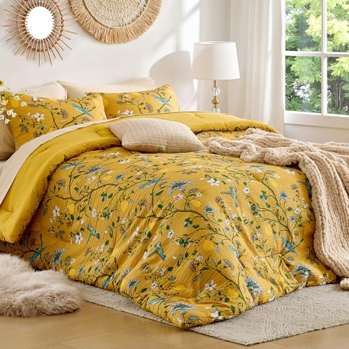 MUSSEL Bedding King Size Comforter Set 3 Pieces,Yellow Vintage Botanical Floral Pattern Bed Comforter Sets,Boho Whimsical Modern Printed Design Cute Seersucker Bedroom Comforter and Shams - Image 1