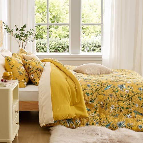 MUSSEL Bedding King Size Comforter Set 3 Pieces,Yellow Vintage Botanical Floral Pattern Bed Comforter Sets,Boho Whimsical Modern Printed Design Cute Seersucker Bedroom Comforter and Shams - Image 5