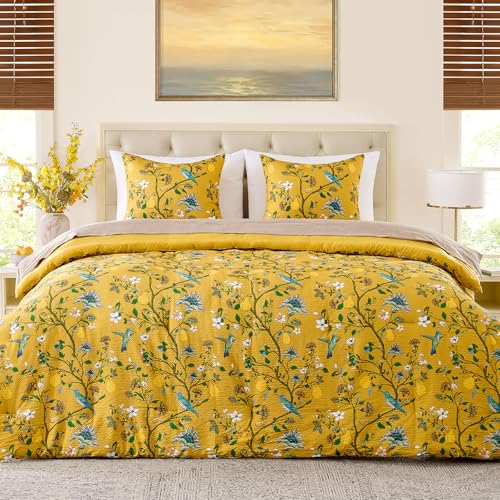 MUSSEL Bedding King Size Comforter Set 3 Pieces,Yellow Vintage Botanical Floral Pattern Bed Comforter Sets,Boho Whimsical Modern Printed Design Cute Seersucker Bedroom Comforter and Shams - Image 4